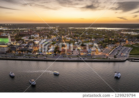 Aerial view of St. Augustine, Florida. American city old historical architecture. USA panoramic cityscape 129929794