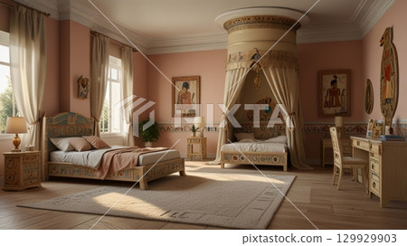 An ornate bedroom in an ancient style, complete with intricate carvings, colorful decor, and historic paintings, creating a warm and inviting atmosphere.  129929903