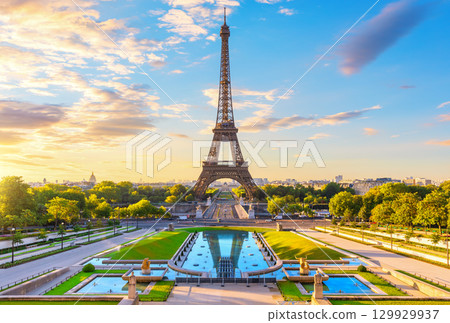 Famous Eiffel Tower in Trocadero Square of Paris, postcard image of France 129929937