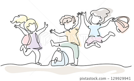 Happy boy and girls pupils with backpacks jumping. Continuous one line drawing. 129929941