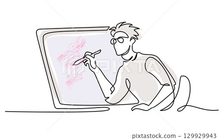 Concept of freelance graphic designer, illustrator, artist, cartoonist. Boy drawing cartoon using tablet and create art Concept of freelance graphic designer, illustrator, artist, cartoonist. Boy drawing cartoon using tablet and create art 129929943