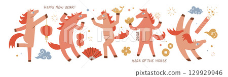 Funny red horses with Chinese new year elements set. Cartoon steeds characters, quirky animals, new year 2026 symbol, chinese horoscope, celebrating stallions. Mustang jumping and dancing. Flat vector Funny red horses with Chinese new year elements set. Cartoon steeds characters, quirky animals, new year 2026 symbol, chinese horoscope, celebrating stallions. Mustang jumping and dancing. Flat vector 129929946
