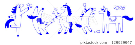 Funky blue doodle horse in playful cartoon linear style. Design character of symbol asian 2026 new year. Collection flat hand drawn vector mascot. Funky blue doodle horse in playful cartoon linear style. Design character of symbol asian 2026 new year. Collection flat hand drawn vector mascot. 129929947