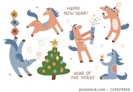 Cute Christmas horse characters set, quirky year s symbols collection. 2026 New year party. Chinese new year horse. Vector colorful flat hand drawn illustration. 129929948