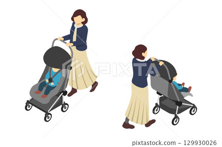 等距插圖：母親推著嬰兒車 129930026