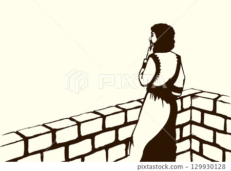 Vector drawing. King David on the roof of palace 129930128