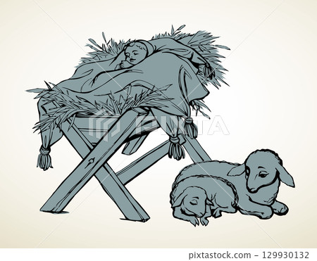 Vector drawing. Baby in a manger 129930132