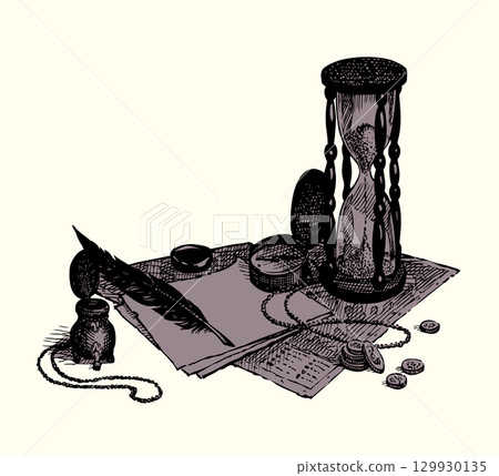 Vector still life: books, compass, hourglass Vector still life: books, compass, hourglass 129930135