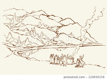 Vector image. Summer landscape with a river flowing among the hills Vector image. Summer landscape with a river flowing among the hills 129930158