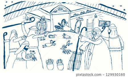 Vector drawing. Men greeting Mary in the barn 129930160