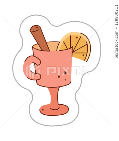 Sticker with coffee cocktail in a glass. Color hand drawn clipart illustration. 129930211