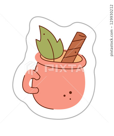 Sticker with mug of hot cocoa. Color hand drawn clipart illustration. 129930212