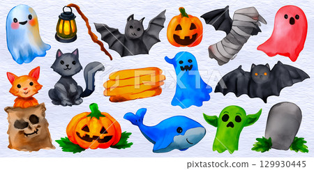 可愛又略帶恐怖的萬聖節人物集合，可用於卡片和橫幅 129930445