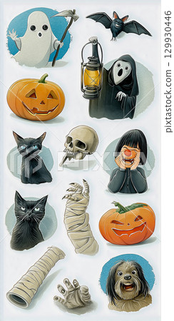 可愛又略帶恐怖的萬聖節人物集合，可用於卡片和橫幅 129930446