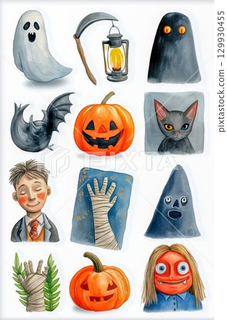 Cute and slightly scary Halloween character collection for cards and banners 129930455