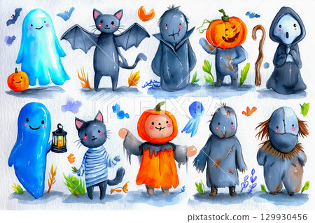 Cute and slightly scary Halloween character collection for cards and banners 129930456