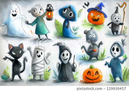 Cute and slightly scary Halloween character collection for cards and banners 129930457