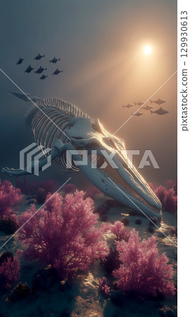 Whale skeleton sleeping in the deep sea with light streaming through 129930613