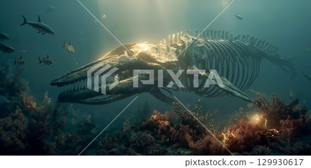 Whale skeleton sleeping in the deep sea with light streaming through 129930617