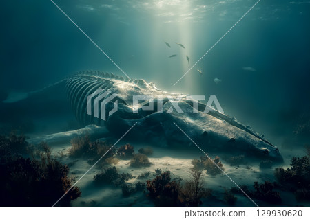 Whale skeleton sleeping in the deep sea with light streaming through 129930620