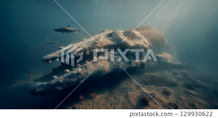 Whale skeleton sleeping in the deep sea with light streaming through 129930622
