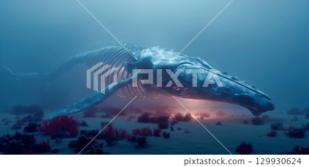 Whale skeleton sleeping in the deep sea with light streaming through 129930624