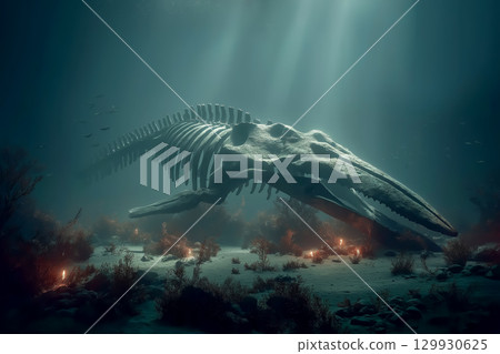 Whale skeleton sleeping in the deep sea with light streaming through 129930625