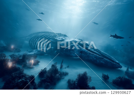 Whale skeleton sleeping in the deep sea with light streaming through 129930627