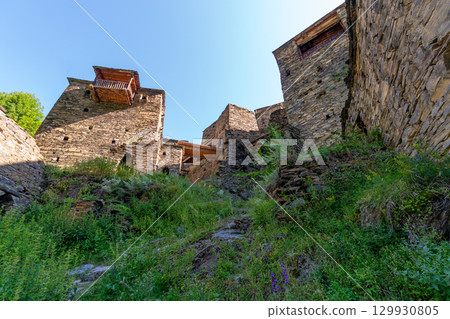 Old Fortress in mountain village Shatili, ruins of medieval castle. Khevsureti, Georgia 129930805