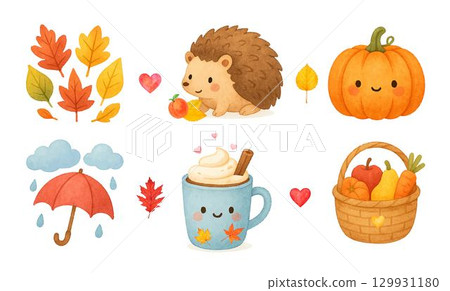 Cute watercolor fall set, color warm autumn item collection, forest and garden boho clipart, traced vector 129931180