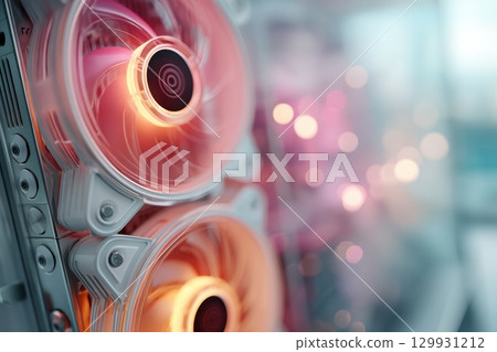 This is a closeup image of RGB computer fans designed specifically for efficient cooling systems This is a closeup image of RGB computer fans designed specifically for efficient cooling systems 129931212