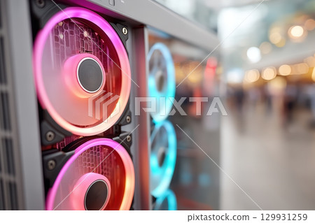 HighTech Gaming PC with vibrant RGB fans and a sleek, futuristic design that captivates HighTech Gaming PC with vibrant RGB fans and a sleek, futuristic design that captivates 129931259