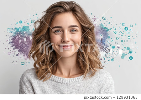 A Cheerful and Smiling Young Woman with a Creative and Colorful Background in Art 129931365