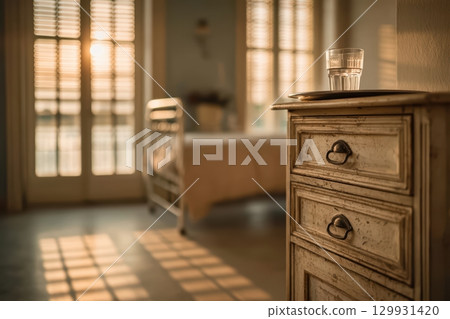 Experience a Serene Bedroom Decorated with Beautiful Vintage Furniture and Soft Lighting 129931420