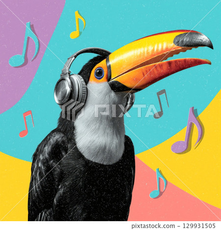 Tropical toucan bird enjoying music with headphones surrounded by vibrant flowers and colorful shapes 129931505