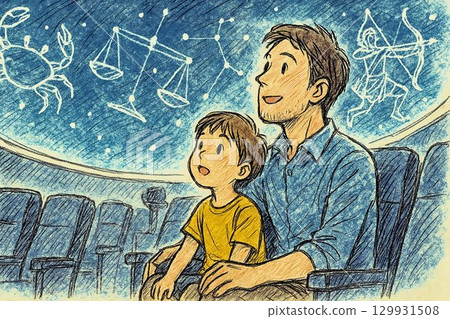 父親和兒子在天文館觀看星座的草圖插圖 129931508