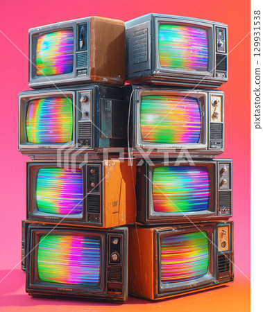 Stack of vintage televisions displaying colorful screens in a vibrant setting 129931538