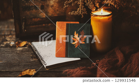 A warm and inviting autumn scene featuring books, candle, and dried leaves. A cozy autumnal scene with a lit candle, notebooks, diary, dried leaves. This is AI-generated item 129931546