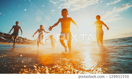 Children and adults joyfully run through the sea, enjoying a sunny summer day together. Children and adults run joyfully through the ocean water on a sunny day, This is AI-generated item Children and adults joyfully run through the sea, enjoying a sunny summer day together. Children and adults run joyfully through the ocean water on a sunny day, This is AI-generated item 129931550