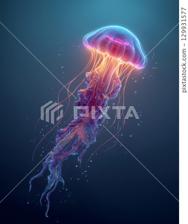 Neon jellyfish illuminates underwater bloom with vibrant colors during deep ocean exploration 129931577