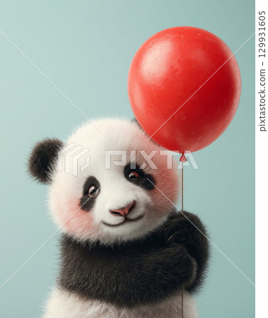 Cute baby panda joyfully holding a large red balloon against a soft blue background in a playful moment Cute baby panda joyfully holding a large red balloon against a soft blue background in a playful moment 129931605