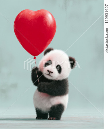 Cute baby panda joyfully holding a giant red balloon in a minimalistic setting with soft colors 129931607