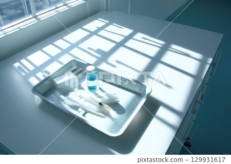 A clinical setup featuring essential medical instruments complemented by natural lighting 129931617
