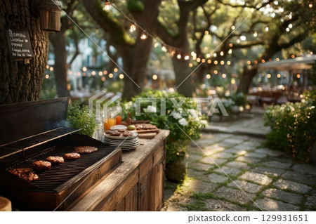 Experience a Charming Outdoor Barbecue in a Lush and Inviting Garden Setting, Perfect for Enjoyment Experience a Charming Outdoor Barbecue in a Lush and Inviting Garden Setting, Perfect for Enjoyment 129931651