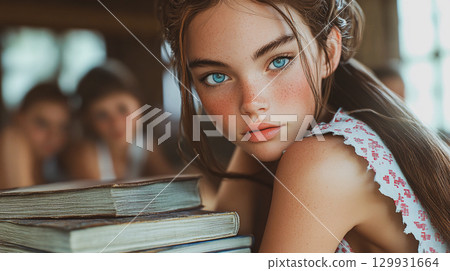 A beautiful girl with bright blue eyes looking at the camera. A young schoolgirl, teenager at school This is AI-generated item 129931664