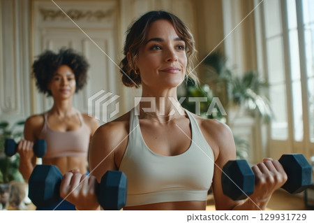 Women Engaging in Exercise with Dumbbells within a Contemporary Fitness Studio Environment 129931729