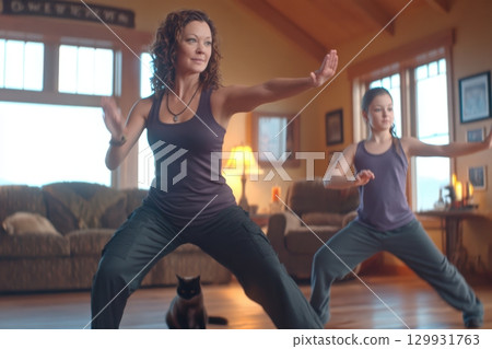 Creating Family Bonds Through Joyful Movement Activities in a Cozy Living Room Space 129931763