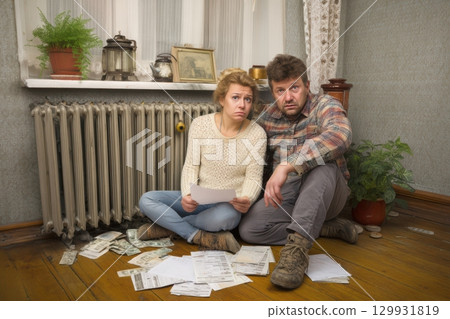A Couple Surrounded by Papers in a Cozy and Inviting Domestic Setting, Engaged in Discussion 129931819