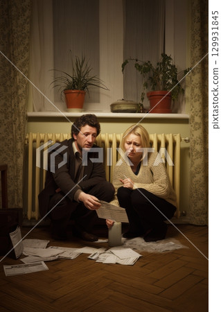 A Couple Engaged in Analyzing Important Documents in a Cozy, Dimly Lit Room Together 129931845