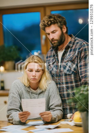 A Concerned Couple is Carefully Reviewing Important Financial Documents Within Their Home 129931876